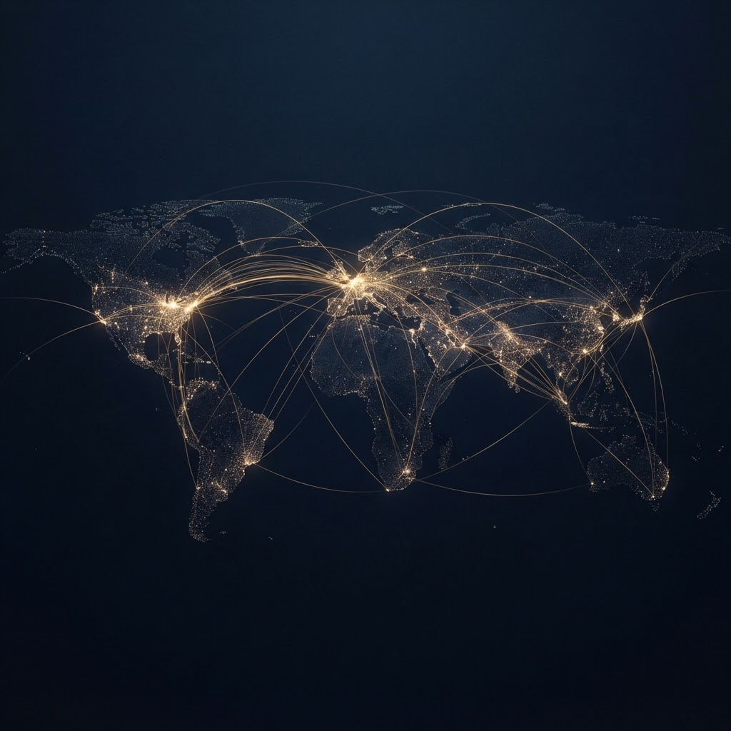 Abstract world map showing global trade routes and financial flows
